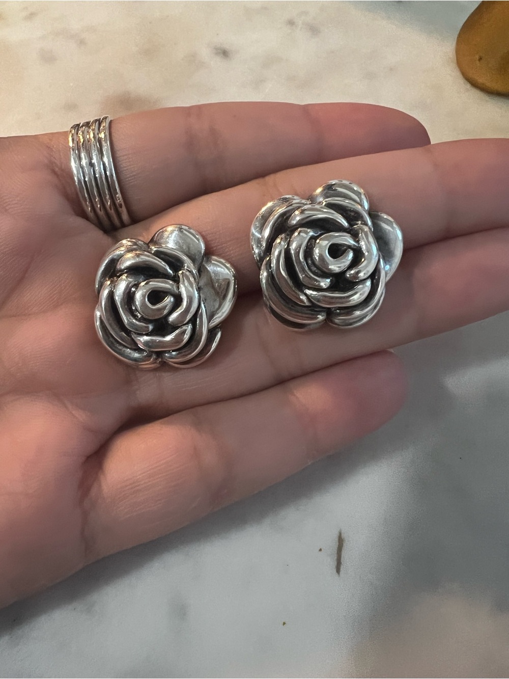 Vintage Thailand 925 Sterling Silver Electroform Large Rose Stud Earrings
